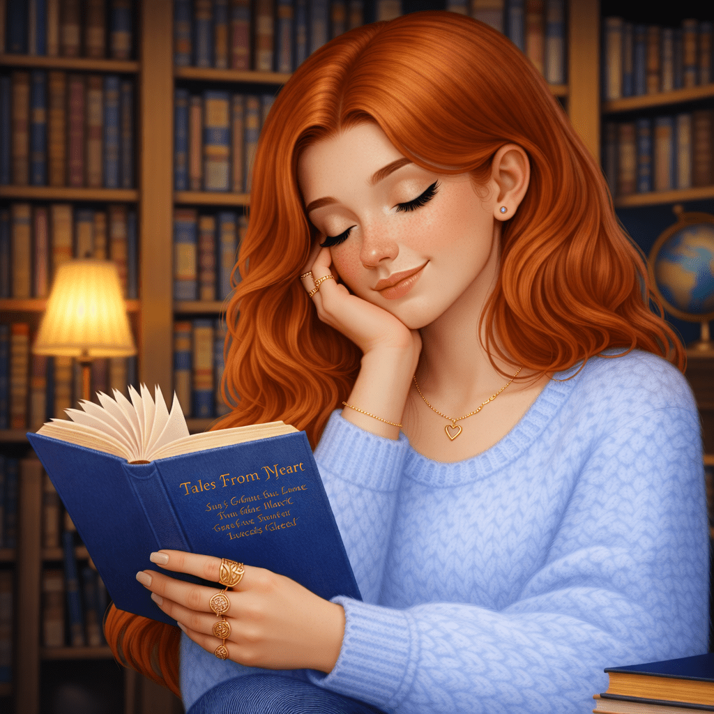 Woman reading a book with a warm smile in a cozy room
