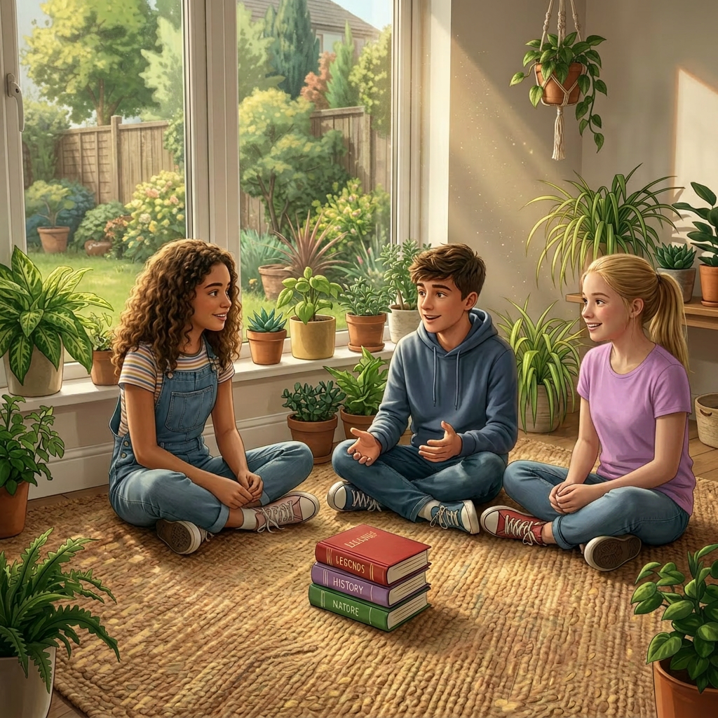 Three children planting seeds and watering seedlings indoors at a wooden table